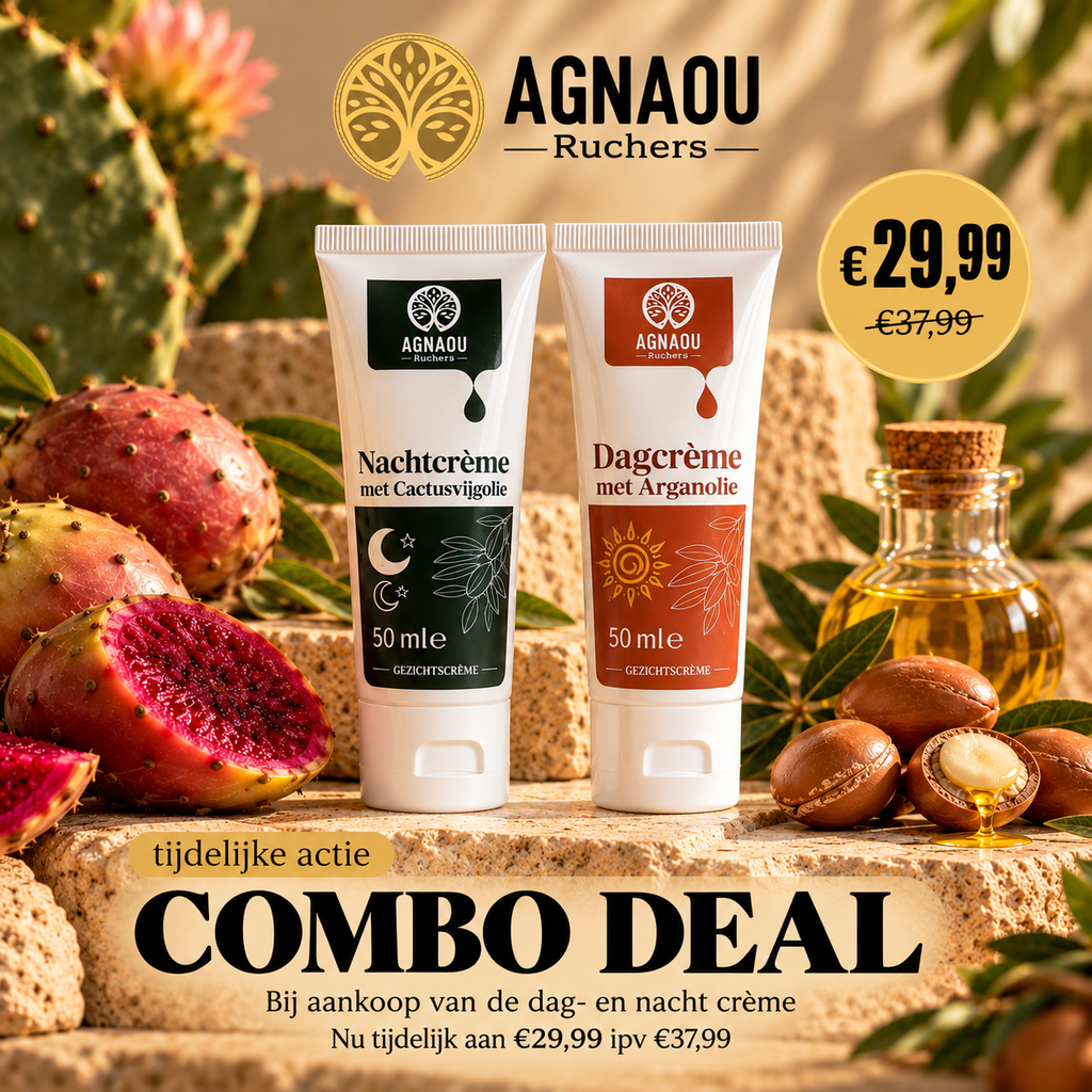 Combo deal van Ruchers Agnaou Belgium met dagcrème met arganolie en nachtcrème met cactusvijgolie, tijdelijk samen verkrijgbaar voor € 29,99 in plaats van € 37,99.